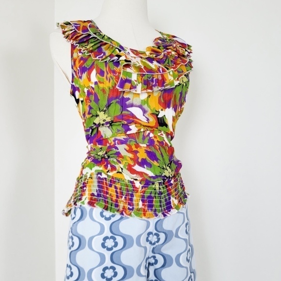 *Free with Purchase* Y2K Crinkle Tank Top Ruffle Colorful Floral Abstract - Picture 5 of 13